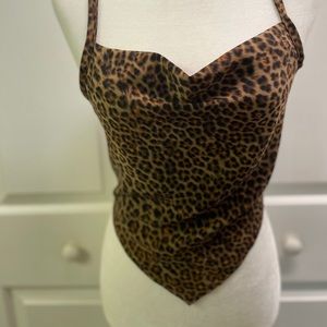 Cheetah cowl neck lace back tank
